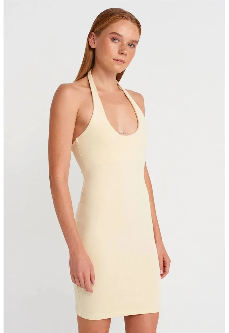 Rochie mini,  bodycon, crem, bumbac cu elastan, fara maneci, decolteu halter