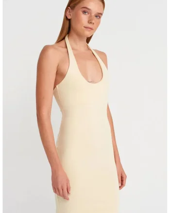 Rochie mini,  bodycon, crem, bumbac cu elastan, fara maneci, decolteu halter