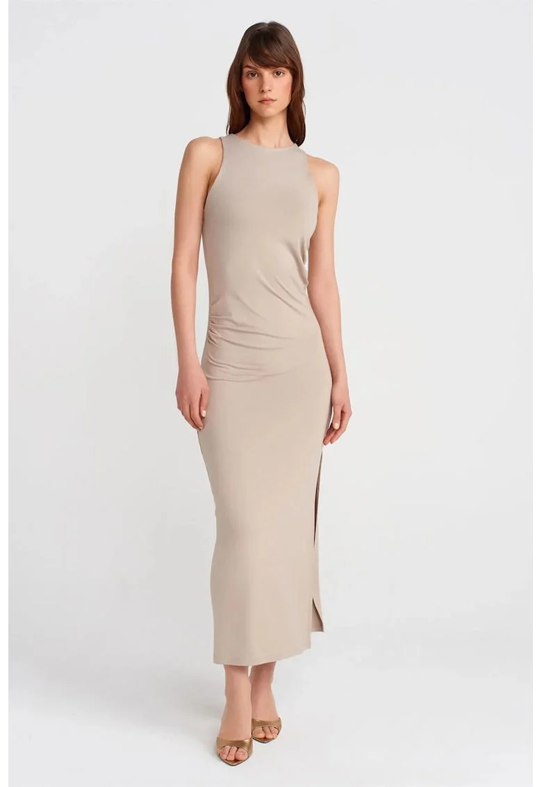 Rochie Maxi Bodycon  Casual, Bej Natural, Fara Maneci, Slit, 94% Viscoza