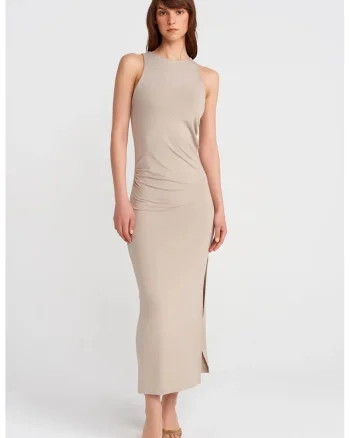 Rochie Maxi Bodycon  Casual, Bej Natural, Fara Maneci, Slit, 94% Viscoza