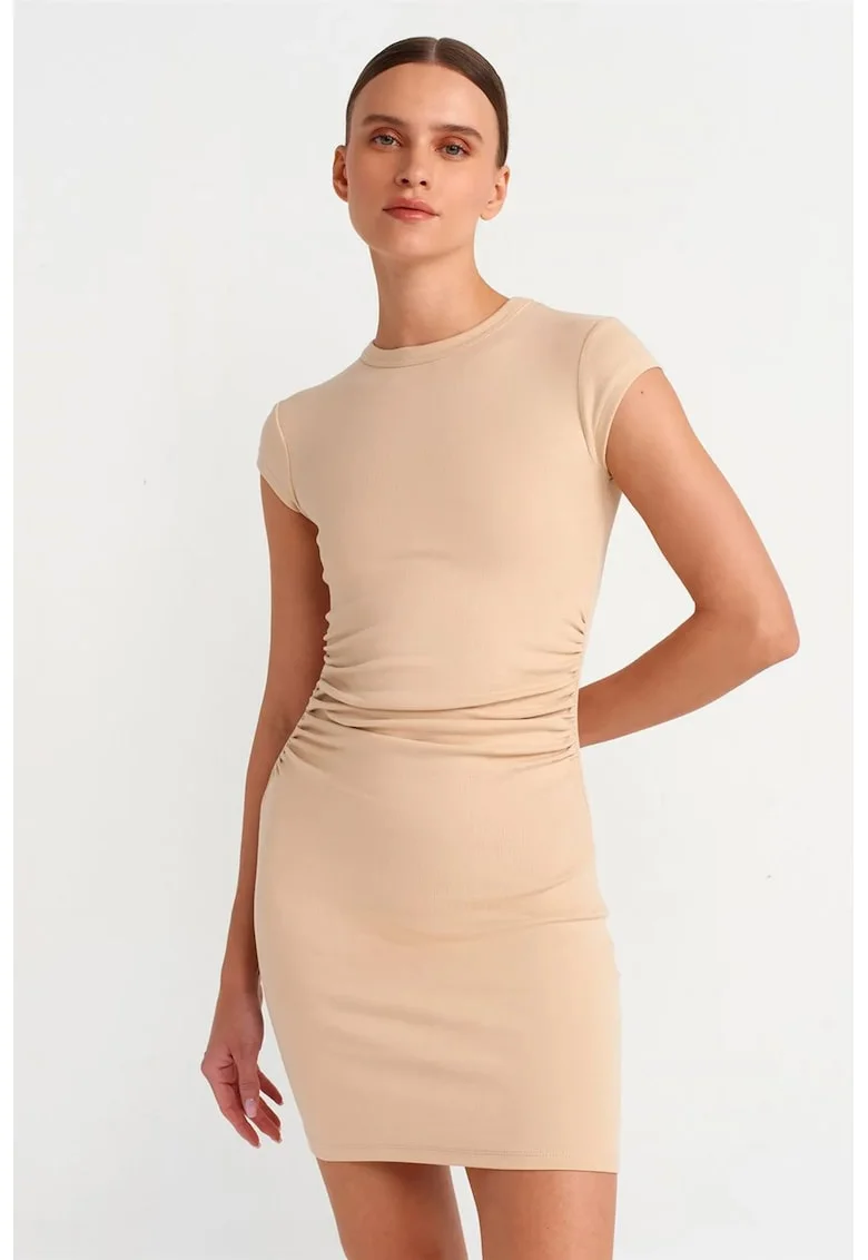 Rochie Mini Bodycon  Bej Natural, Drapaj, Bumbac cu Elastan