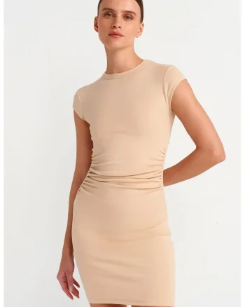 Rochie Mini Bodycon  Bej Natural, Drapaj, Bumbac cu Elastan