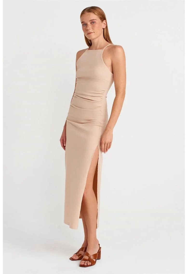 Rochie Midi,  Bodycon, Eleganta, Bej Natural, 66% Bumbac