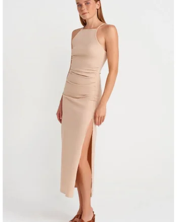 Rochie Midi,  Bodycon, Eleganta, Bej Natural, 66% Bumbac