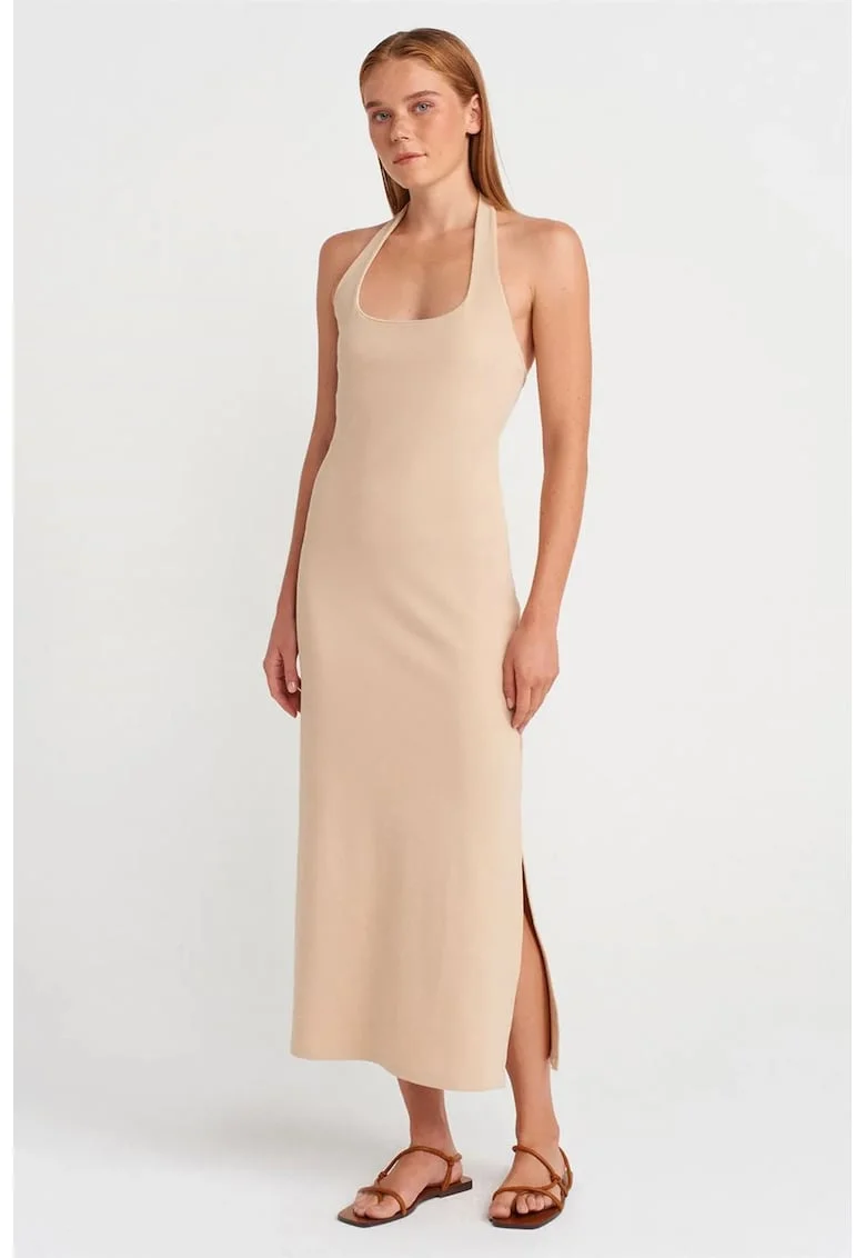 Rochie Midi  Casual, Bej Natural, Bodycon, Fara inchidere, 94% bumbac