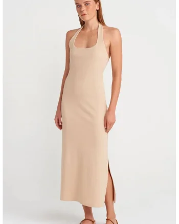 Rochie Midi  Casual, Bej Natural, Bodycon, Fara inchidere, 94% bumbac