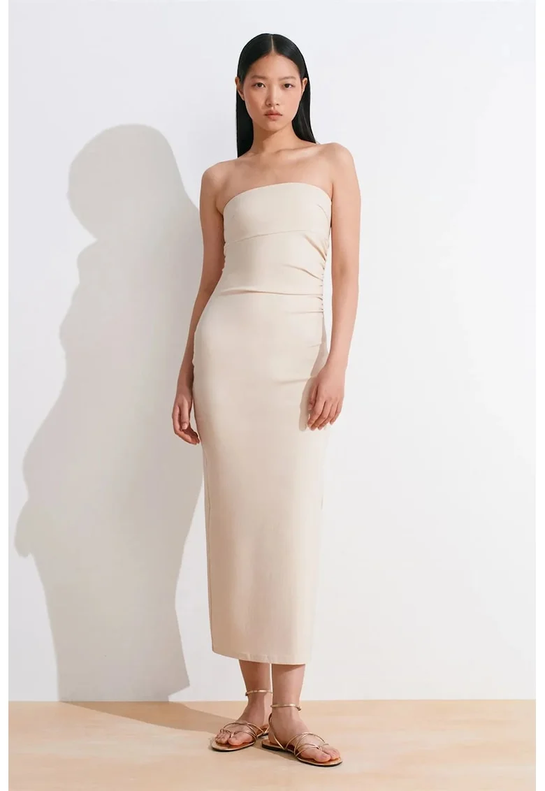 Rochie Midi Femei,  Bodycon, Bej Natural, Eleganta, Fara bretele, Cu slit, 70% viscoza