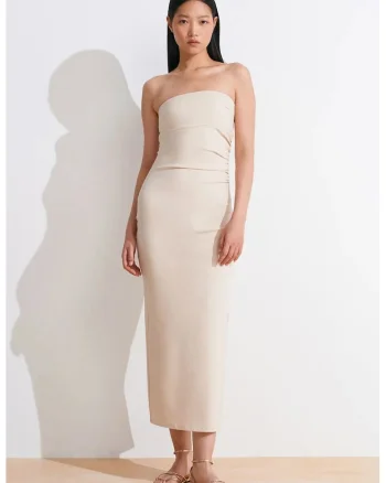 Rochie Midi Femei,  Bodycon, Bej Natural, Eleganta, Fara bretele, Cu slit, 70% viscoza