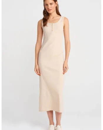 Rochie Midi,  Bodycon, Bej Natural, 94% bumbac, Casual