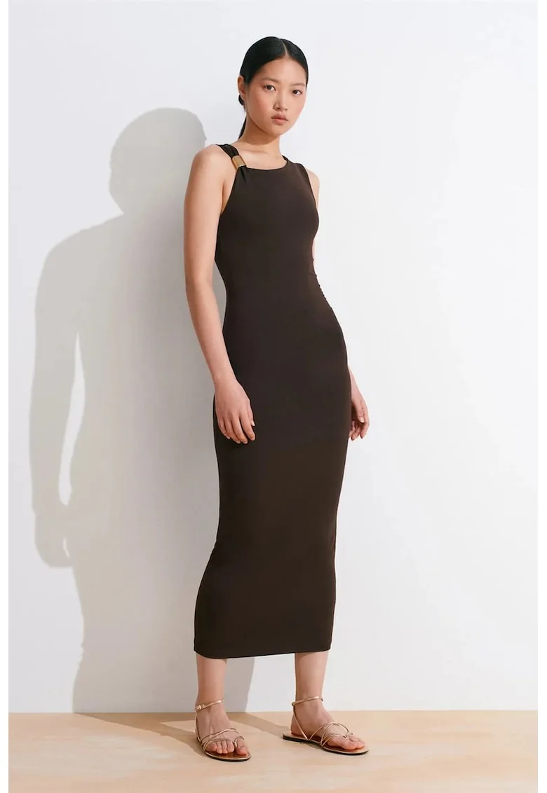 Rochie Midi Femei,  Bodycon, Guler rotund, Maro Cafea, 93% nylon/7% elastan