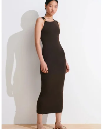 Rochie Midi Femei,  Bodycon, Guler rotund, Maro Cafea, 93% nylon/7% elastan