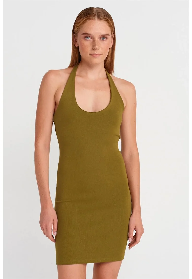 Rochie Mini Bodycon,  Verde Olive, Fara Maneci, Tricot cu Nervuri