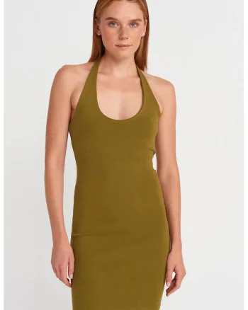 Rochie Mini Bodycon,  Verde Olive, Fara Maneci, Tricot cu Nervuri