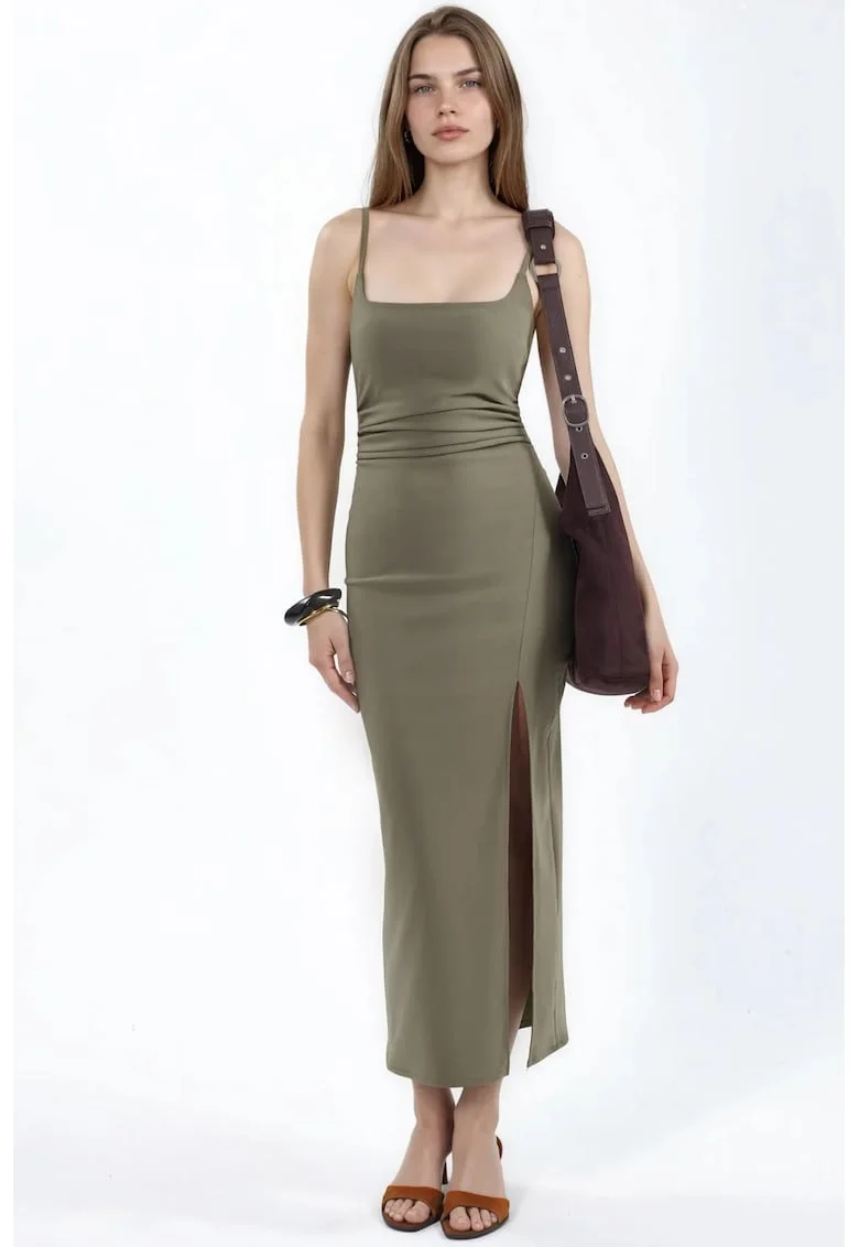 Rochie midi,  bodycon, verde kaki, bumbac