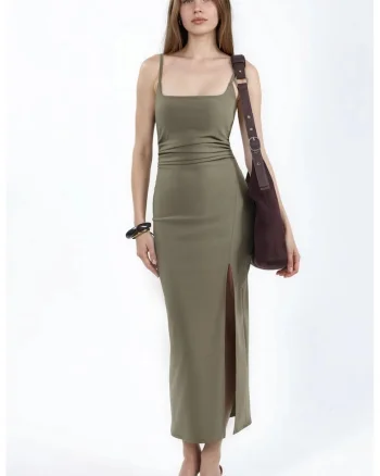Rochie midi,  bodycon, verde kaki, bumbac
