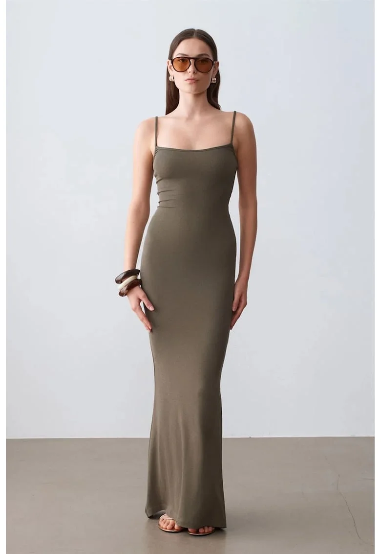 Rochie Maxi Bodycon  Casual, Verde Kaki, Cu nervuri, 91% modal/9% elastan