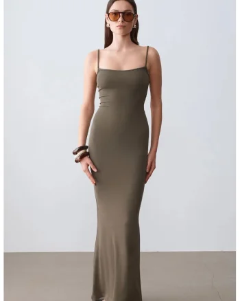 Rochie Maxi Bodycon  Casual, Verde Kaki, Cu nervuri, 91% modal/9% elastan