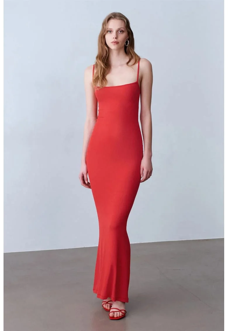 Rochie Maxi Bodycon  Casual, Rosu, 91% modal/9% elastan