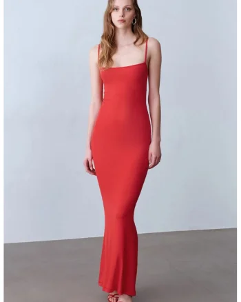 Rochie Maxi Bodycon  Casual, Rosu, 91% modal/9% elastan
