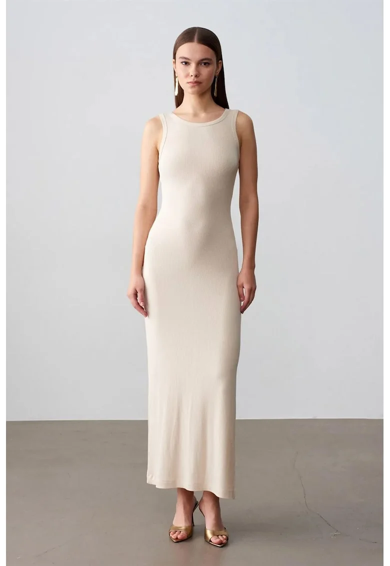 Rochie Maxi Bodycon  Casual, Guler rotund, Cu nervuri, Oatmeal Natural, 97% viscoza/3% elastan