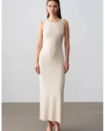 Rochie Maxi Bodycon  Casual, Guler rotund, Cu nervuri, Oatmeal Natural, 97% viscoza/3% elastan
