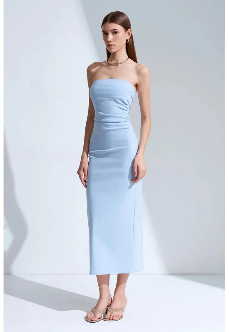 Rochie Midi Bodycon,  Albastru deschis, Elegant, Fara bretele, 70% viscoza/26% poliamida/4% elastan