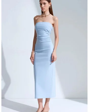 Rochie Midi Bodycon,  Albastru deschis, Elegant, Fara bretele, 70% viscoza/26% poliamida/4% elastan