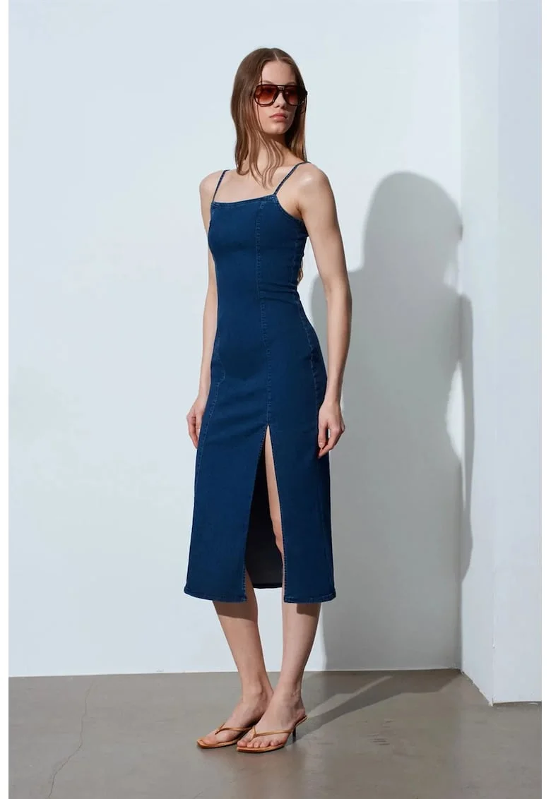 Rochie Midi Bodycon  Denim Albastru Inchis, Casual, Fara Maneci, Slit, Bumbac/Elastan