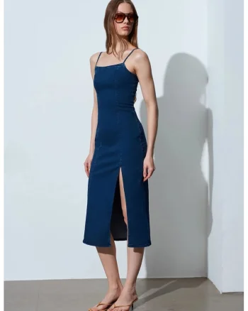 Rochie Midi Bodycon  Denim Albastru Inchis, Casual, Fara Maneci, Slit, Bumbac/Elastan