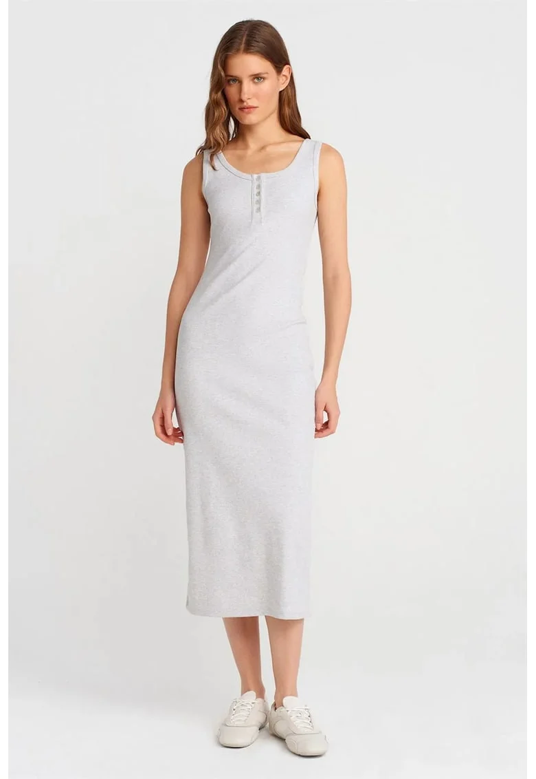 Rochie Midi Femei,  Bodycon, Gri Deschis, Bumbac/Elastan, Fara inchidere, Detalii cu Buton