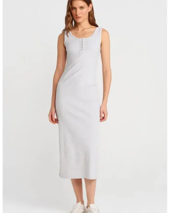 Rochie Midi Femei,  Bodycon, Gri Deschis, Bumbac/Elastan, Fara inchidere, Detalii cu Buton