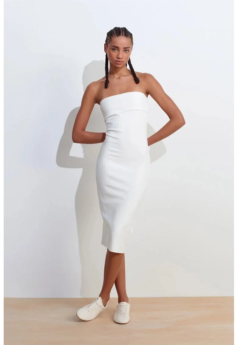 Rochie Midi Bodycon,  Alb, Casual, Fara bretele, Elastic
