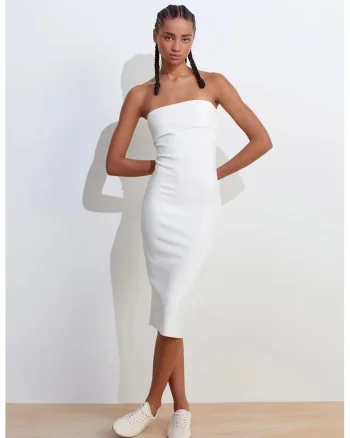 Rochie Midi Bodycon,  Alb, Casual, Fara bretele, Elastic