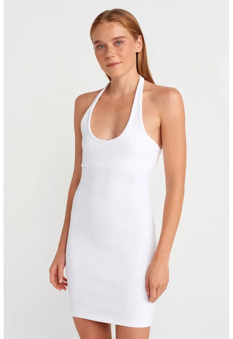 Rochie Mini Bodycon  Alb, Eleganta, Cu nervuri, Bumbac