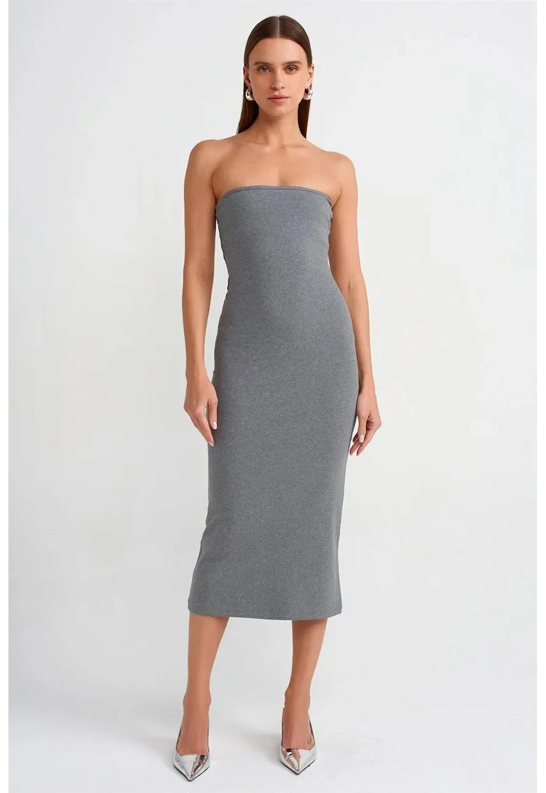 Rochie Midi Bodycon,  Gri, Elegant, 94% bumbac, Fara bretele