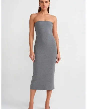 Rochie Midi Bodycon,  Gri, Elegant, 94% bumbac, Fara bretele