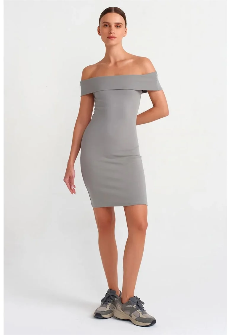 Rochie Mini,  Bodycon, Gri Ardezie, Elegant, Maneca lunga, Fara inchidere, Bumbac/Elastan