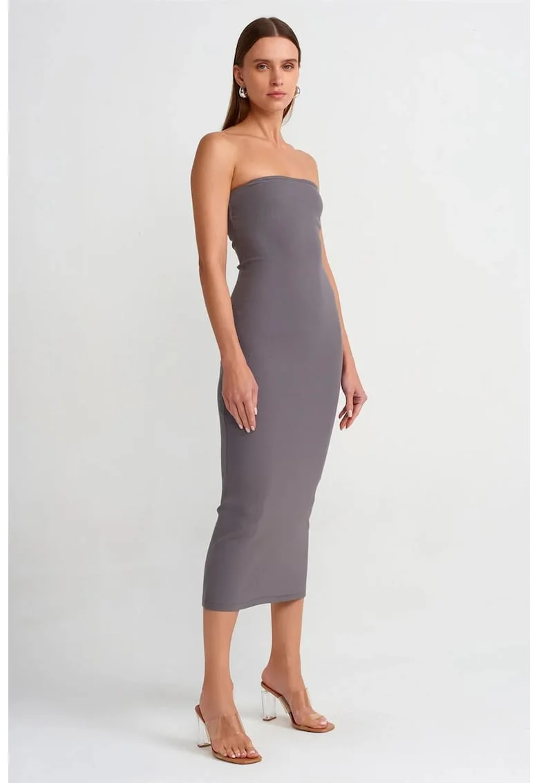 Rochie Midi Bodycon,  Gri antracit, Elegant, Fara bretele, 94% bumbac