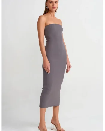 Rochie Midi Bodycon,  Gri antracit, Elegant, Fara bretele, 94% bumbac