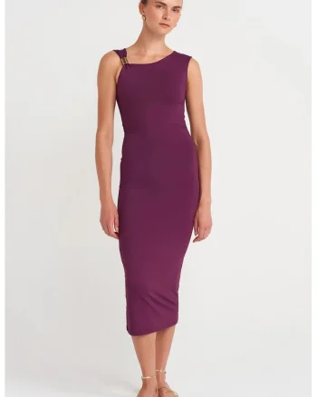Rochie Midi Femei  Bodycon Mov Ametist, Elegant, Fara Maneci, Accesoriu Detaliat