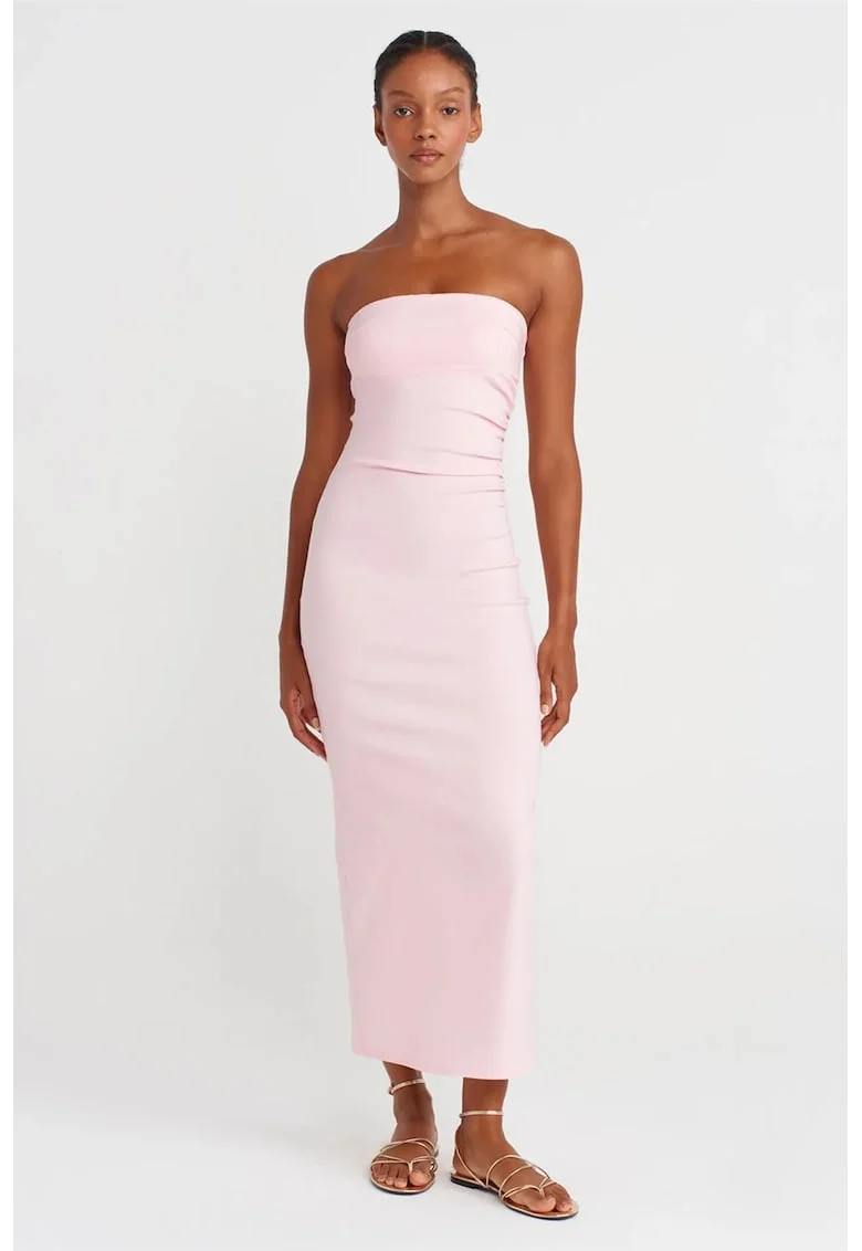 Rochie Midi Bodycon  Roz Pudra, cu decolteu fara bretele si slit, din lyocell