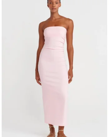 Rochie Midi Bodycon  Roz Pudra, cu decolteu fara bretele si slit, din lyocell
