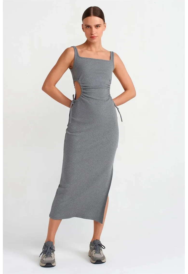 Rochie Midi Bodycon Femei,  Gri Antracit, Decupaje, Bumbac/Elastan