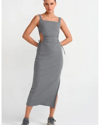 Rochie Midi Bodycon Femei,  Gri Antracit, Decupaje, Bumbac/Elastan