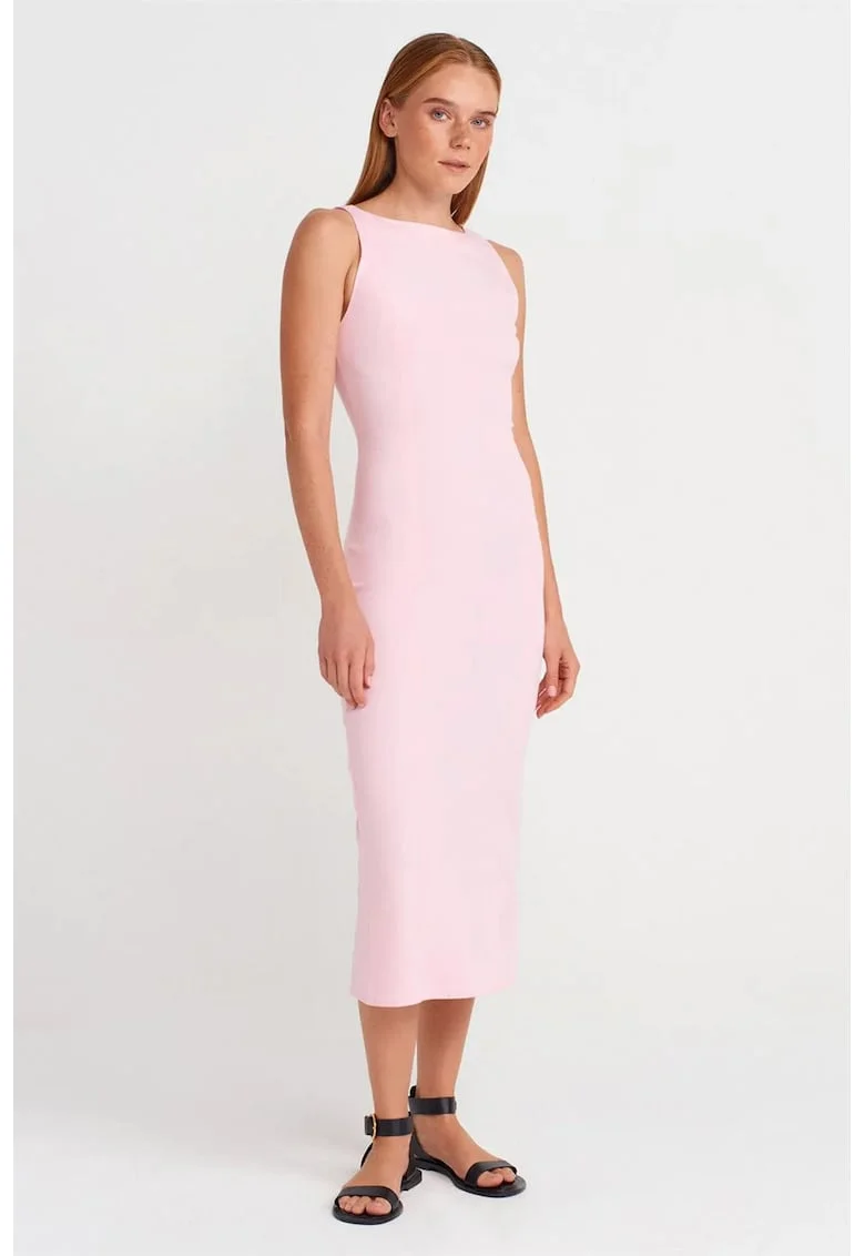 Rochie Midi,  Bodycon, Fara Maneci, Roz Pudra, 73% Viscoza