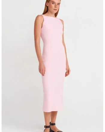 Rochie Midi,  Bodycon, Fara Maneci, Roz Pudra, 73% Viscoza