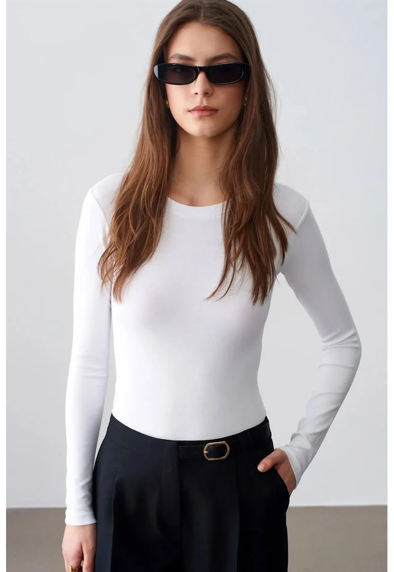 Body  slim fit, maneca lunga, alb, jerseu