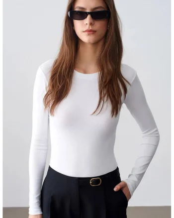 Body  slim fit, maneca lunga, alb, jerseu