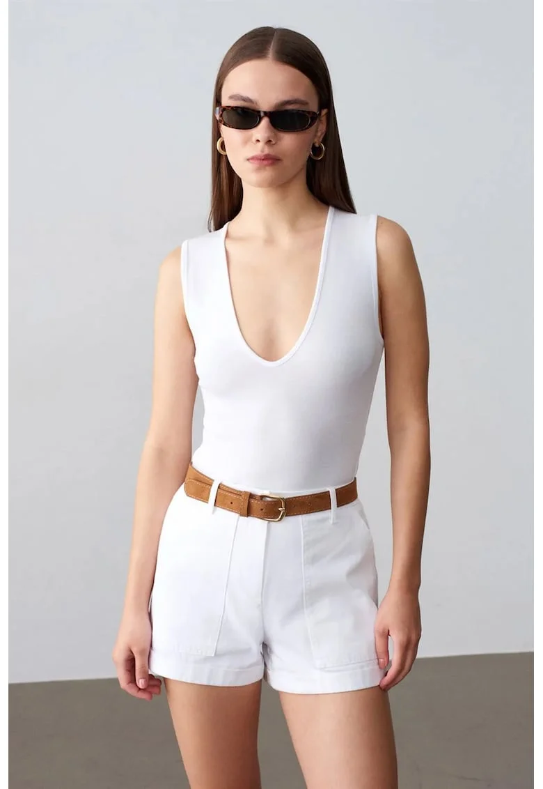 Body  femei, croiala slim, decolteu in U, alb, bumbac/modal/elastan