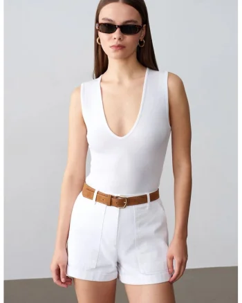 Body  femei, croiala slim, decolteu in U, alb, bumbac/modal/elastan